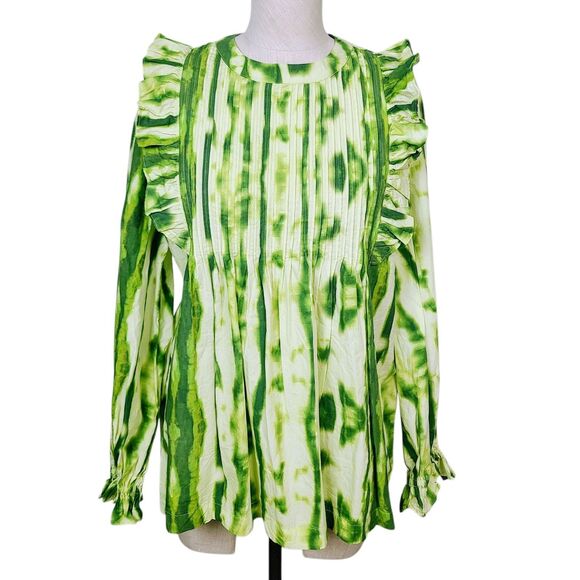 Samant Chauhan‎ Anthropologie Top S Green Tie Dye Ruffle Long Sleeve Blouse - Picture 1 of 8